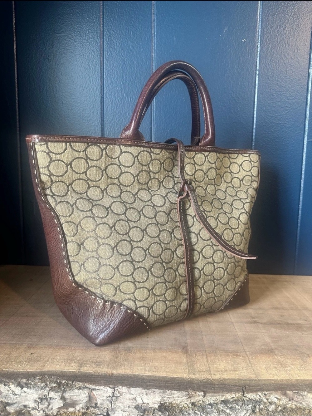 Genten Vintage Japanese Canvas Leather Tote Bag Brown Monogram Handcrafted Purse